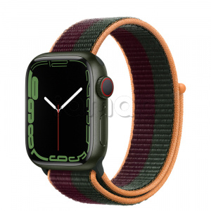 Купить Apple Watch Series 7 // 41мм GPS + Cellular // Корпус из алюминия зеленого цвета, спортивный браслет цвета «тёмная вишня/зелёный лес»