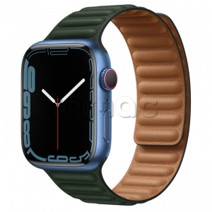 Купить Apple Watch Series 7 // 45мм GPS + Cellular // Корпус из алюминия синего цвета, кожаный браслет цвета «зелёная секвойя», размер ремешка S/M