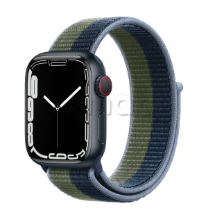 Купить Apple Watch Series 7 // 41мм GPS + Cellular // Корпус из алюминия цвета «тёмная ночь», спортивный браслет цвета «синий омут/зелёный мох»