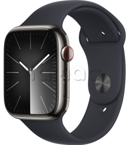 Купить Apple Watch Series 9 // 45мм GPS+Cellular // Корпус из нержавеющей стали графитового цвета, спортивный ремешок цвета "темная ночь"