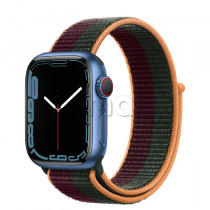 Купить Apple Watch Series 7 // 41мм GPS + Cellular // Корпус из алюминия синего цвета, спортивный браслет цвета «тёмная вишня/зелёный лес»