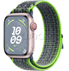 Купить Apple Watch Series 9 // 41мм GPS+Cellular // Корпус из алюминия розового цвета, спортивный браслет Nike цвета "ярко-зеленый/синий"