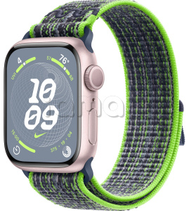Купить Apple Watch Series 9 // 45мм GPS // Корпус из алюминия розового цвета, спортивный браслет Nike цвета "ярко-зеленый/синий"