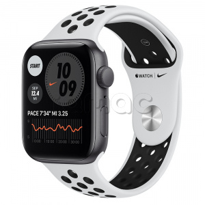 Купить Apple Watch SE // 44мм GPS // Корпус из алюминия цвета «серый космос», спортивный ремешок Nike цвета «Чистая платина/чёрный» (2020)
