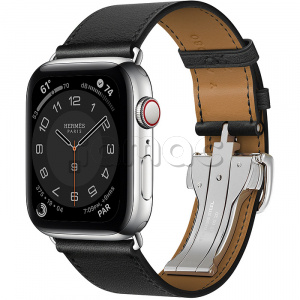 Купить Apple Watch Series 6 Hermès // 44мм GPS + Cellular // Корпус из нержавеющей стали серебристого цвета, ремешок Simple Tour из кожи Swift цвета Noir с раскладывающейся застёжкой (Deployment Buckle)