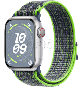 Купить Apple Watch Series 9 // 41мм GPS+Cellular // Корпус из алюминия серебристого цвета, спортивный браслет Nike цвета "ярко-зеленый/синий"