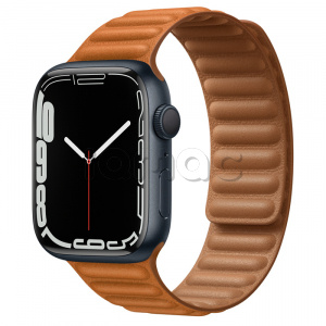 Купить Apple Watch Series 7 // 45мм GPS // Корпус из алюминия цвета «тёмная ночь», кожаный браслет цвета «золотистая охра», размер ремешка S/M