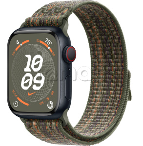 Купить Apple Watch Series 9 // 41мм GPS+Cellular // Корпус из алюминия цвета "темная ночь", спортивный браслет Nike цвета "секвойя/оранжевый"