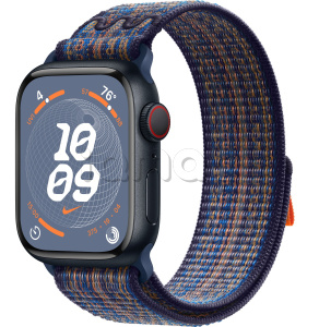 Купить Apple Watch Series 9 // 41мм GPS+Cellular // Корпус из алюминия цвета "темная ночь", спортивный браслет Nike цвета "королевская игра/оранжевый"