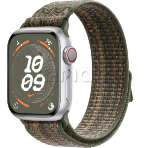 Купить Apple Watch Series 9 // 41мм GPS+Cellular // Корпус из алюминия серебристого цвета, спортивный браслет Nike цвета "секвойя/оранжевый"