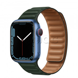 Купить Apple Watch Series 7 // 41мм GPS + Cellular // Корпус из алюминия синего цвета, кожаный браслет цвета «зелёная секвойя», размер ремешка S/M
