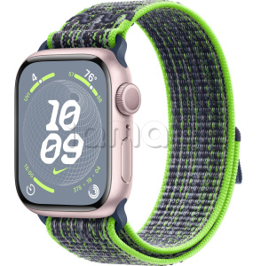Купить Apple Watch Series 9 // 41мм GPS // Корпус из алюминия розового цвета, спортивный браслет Nike цвета "ярко-зеленый/синий"