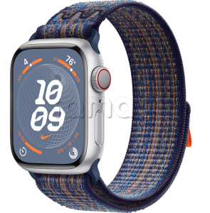 Купить Apple Watch Series 9 // 41мм GPS+Cellular // Корпус из алюминия серебристого цвета, спортивный браслет Nike цвета "королевская игра/оранжевый"