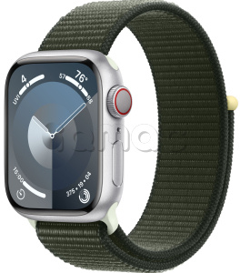 Купить Apple Watch Series 9 // 45мм GPS+Cellular // Корпус из алюминия серебристого цвета, спортивный браслет цвета "зеленый кипарис"