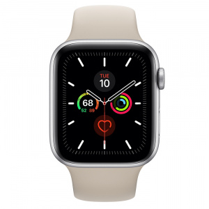 Купить Apple Watch Series 5 // 44мм GPS // Корпус из алюминия серебристого цвета, спортивный ремешок бежевого цвета
