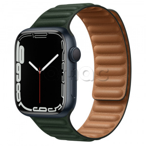 Купить Apple Watch Series 7 // 45мм GPS // Корпус из алюминия цвета «тёмная ночь», кожаный браслет цвета «зелёная секвойя», размер ремешка S/M