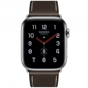 Купить Apple Watch Series 5 Hermès // 44мм GPS + Cellular // Корпус из нержавеющей стали, ремешок Single Tour из кожи Barénia цвета Ébène с раскладывающейся застёжкой (Deployment Buckle)