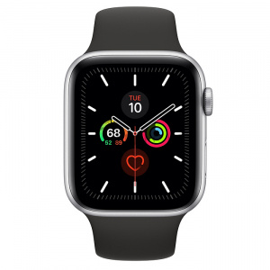 Купить Apple Watch Series 5 // 44мм GPS // Корпус из алюминия серебристого цвета, спортивный ремешок черного цвета