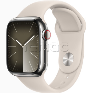 Купить Apple Watch Series 9 // 41мм GPS+Cellular // Корпус из нержавеющей стали серебристого цвета, спортивный ремешок цвета "сияющая звезда"