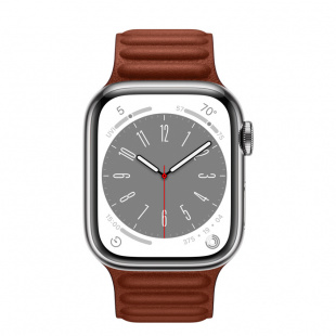 Apple Watch Series 8 // 41мм GPS + Cellular // Корпус из нержавеющей стали серебристого цвета, кожаный браслет темно-коричневого цвета, размер ремешка M/L