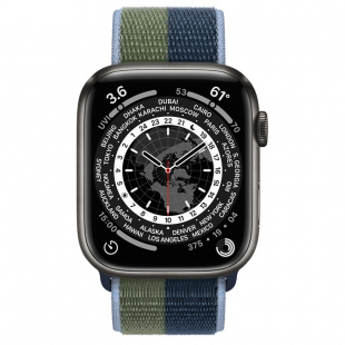Apple Watch Series 7 // 45мм GPS + Cellular // Корпус из титана цвета «черный космос», спортивный браслет цвета «синий омут/зелёный мох»