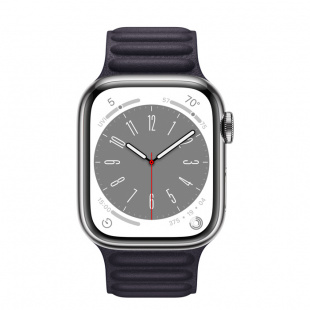 Apple Watch Series 8 // 45мм GPS + Cellular // Корпус из нержавеющей стали серебристого цвета, кожаный браслет чернильного цвета, размер ремешка M/L