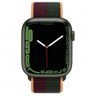 Apple Watch Series 7 // 41мм GPS // Корпус из алюминия зеленого цвета, спортивный браслет цвета «тёмная вишня/зелёный лес»