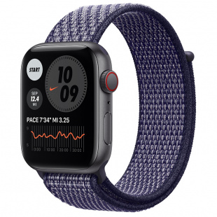 Apple Watch SE // 44мм GPS + Cellular // Корпус из алюминия цвета «серый космос», спортивный браслет Nike светло-лилового цвета (2020)