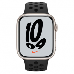 Apple Watch Series 7 // 45мм GPS + Cellular // Корпус из алюминия цвета «сияющая звезда», спортивный ремешок Nike цвета «антрацитовый/чёрный»
