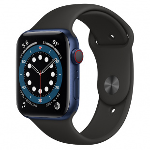 Apple Watch Series 6 // 44мм GPS + Cellular // Корпус из алюминия синего цвета, спортивный ремешок черного цвета