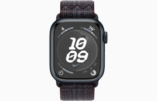 Apple Watch Series 9 // 45мм GPS+Cellular // Корпус из алюминия цвета "темная ночь", спортивный браслет Nike цвета "черный/синий"