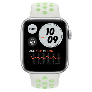 Apple Watch SE // 40мм GPS + Cellular // Корпус из алюминия серебристого цвета, спортивный ремешок Nike цвета «Еловая дымка/пастельный зелёный» (2020)