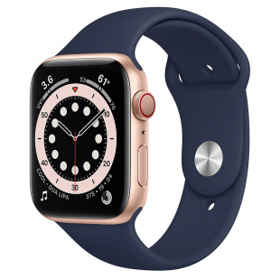 Apple Watch Series 6 // 44мм GPS + Cellular // Корпус из алюминия золотого цвета, спортивный ремешок цвета «Тёмный ультрамарин»