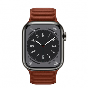 Apple Watch Series 8 // 45мм GPS + Cellular // Корпус из нержавеющей стали графитового цвета, кожаный браслет темно-коричневого цвета, размер ремешка S/M
