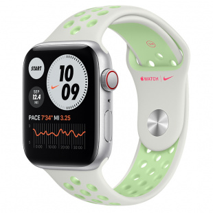 Apple Watch SE // 44мм GPS + Cellular // Корпус из алюминия серебристого цвета, спортивный ремешок Nike цвета «Еловая дымка/пастельный зелёный» (2020)