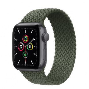 Apple Watch SE // 44мм GPS // Корпус из алюминия цвета «серый космос», плетёный монобраслет цвета «Зелёные холмы» (2020)
