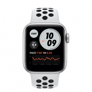 Apple Watch Series 6 // 44мм GPS + Cellular // Корпус из алюминия серебристого цвета, спортивный ремешок Nike цвета «Чистая платина/чёрный»