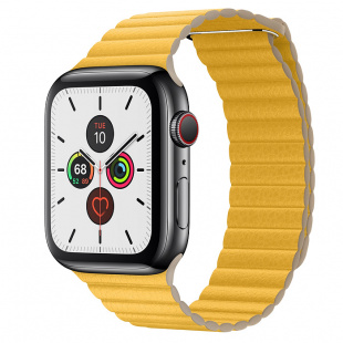 Apple Watch Series 5 // 44мм GPS + Cellular // Корпус из нержавеющей стали цвета «серый космос», кожаный ремешок цвета «лимонный сироп», размер ремешка M