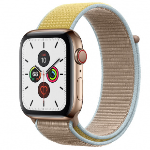 Apple Watch Series 5 // 40мм GPS + Cellular // Корпус из нержавеющей стали золотого цвета, спортивный браслет цвета «верблюжья шерсть»