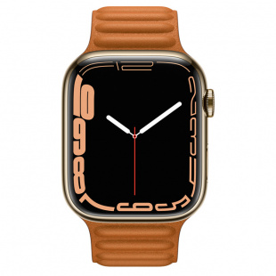 Apple Watch Series 7 // 45мм GPS + Cellular // Корпус из нержавеющей стали золотого цвета, кожаный браслет цвета «золотистая охра», размер ремешка S/M