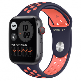 Apple Watch SE // 44мм GPS + Cellular // Корпус из алюминия цвета «серый космос», спортивный ремешок Nike цвета «Полночный синий/манго» (2020)