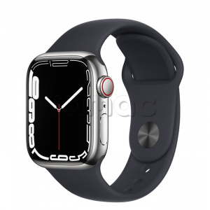 Купить Apple Watch Series 7 // 41мм GPS + Cellular // Корпус из нержавеющей стали серебристого цвета, спортивный ремешок цвета «тёмная ночь»