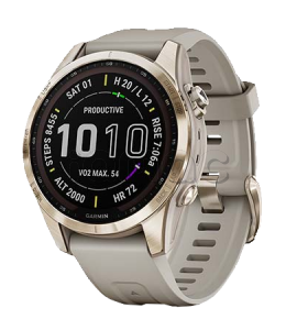 Купить Мультиспортивные часы Garmin Fenix 7S (42mm) Sapphire Solar, титановый кремово-золотой корпус, светло-песочный силиконовый ремешок
