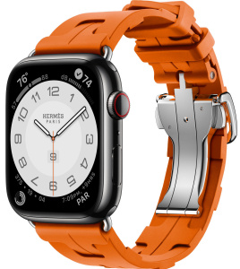 Apple Watch Series 9 Hermès // 45мм GPS+Cellular // Корпус из нержавеющей стали цвета "черный космос", ремешок Kilim Single Tour цвета Orange с раскладывающейся застёжкой (Deployment Buckle)