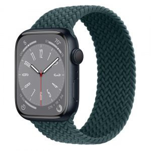 Apple Watch Series 8 // 45мм GPS // Корпус из алюминия цвета "темная ночь", плетёный монобраслет цвета "тропический лес"