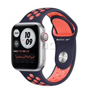 Купить Apple Watch SE // 40мм GPS + Cellular // Корпус из алюминия серебристого цвета, спортивный ремешок Nike цвета «Полночный синий/манго» (2020)