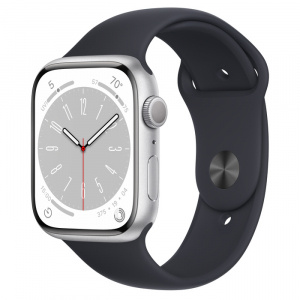 Apple Watch Series 8 // 45мм GPS // Корпус из алюминия серебристого цвета, спортивный ремешок цвета "темная ночь"