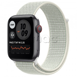 Купить Apple Watch SE // 44мм GPS + Cellular // Корпус из алюминия цвета «серый космос», спортивный браслет Nike цвета «Еловая дымка» (2020)