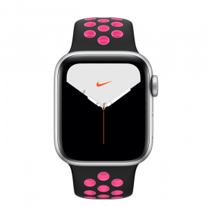 Купить Apple Watch Series 5 // 40мм GPS + Cellular // Корпус из алюминия серебристого цвета, спортивный ремешок Nike цвета «чёрный/розовый всплеск»