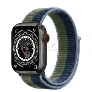 Купить Apple Watch Series 7 // 41мм GPS + Cellular // Корпус из титана цвета «черный космос», спортивный браслет цвета «синий омут/зелёный мох»